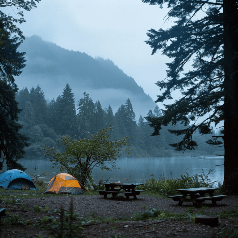 Tents by the lake, camping at the Oregon Coast.