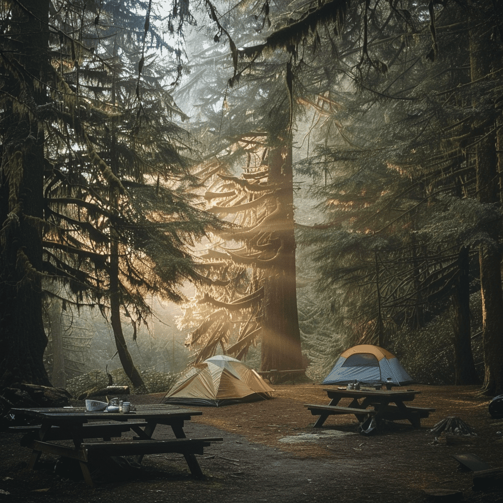 Sunlight through trees, camping at the Oregon Coast.