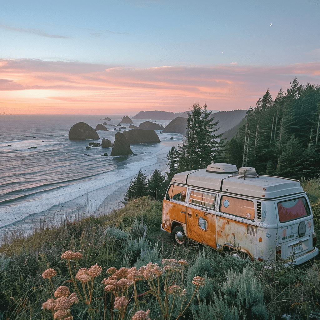 Van by the sea, camping at the Oregon Coast.