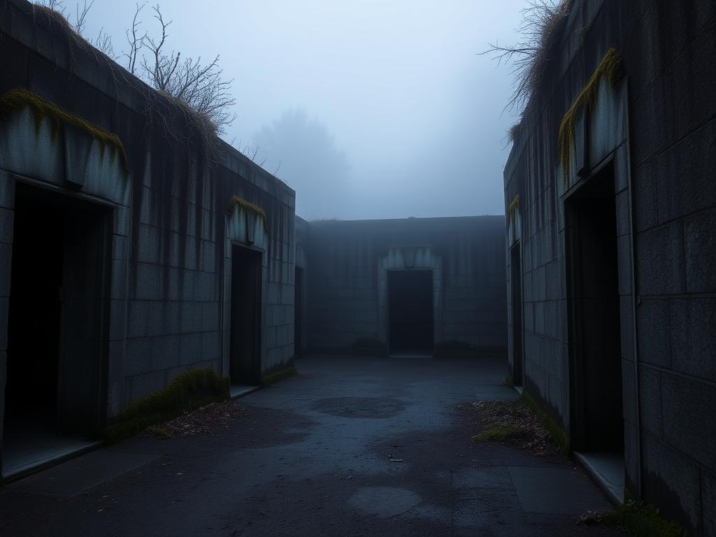 Abandoned concrete bunkers at Fort Stevens with mysterious fog - haunted military installation on Oregon Coast