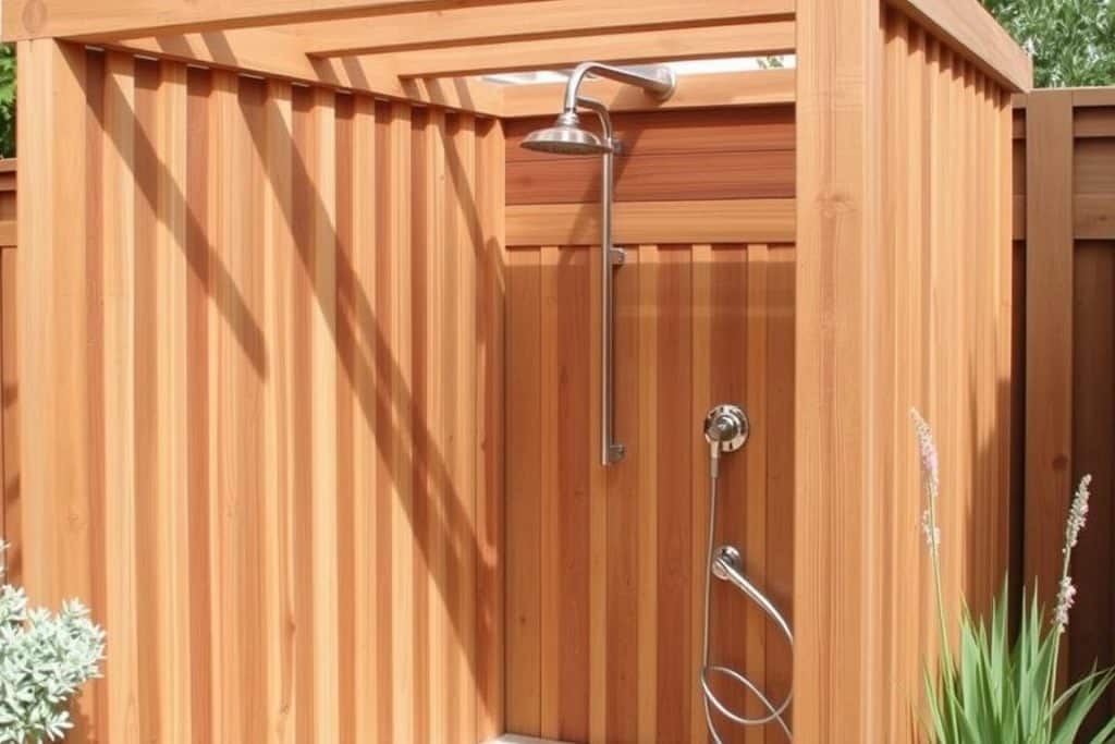 Cedar outdoor shower enclosure with coastal styling