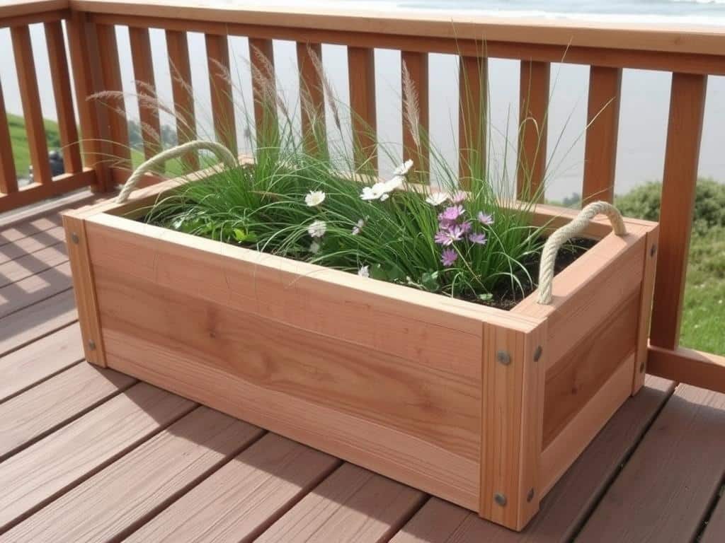 Cedar planter box with coastal plants on a deck