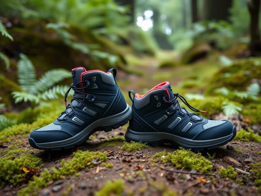 Columbia Kids' Redmond waterproof hiking shoes on forest trail near Oregon Coast