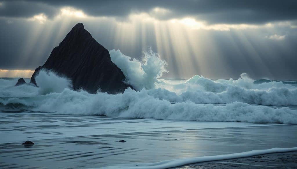 Dramatic winter storm waves crashing against Haystack Rock with moody skies