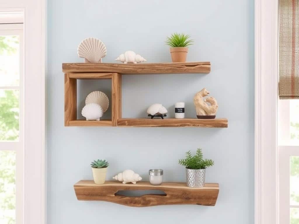 Driftwood wall shelves displaying coastal decor items