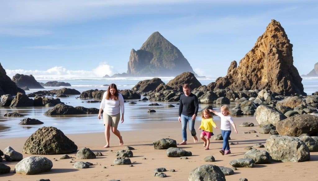 Family exploring rock formations at Face Rock State Scenic Viewpoint in Bandon