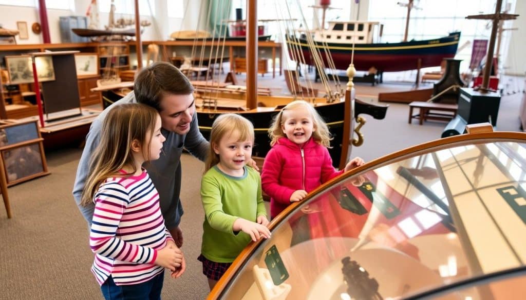 Family exploring the Columbia River Maritime Museum in Astoria with interactive ship exhibits