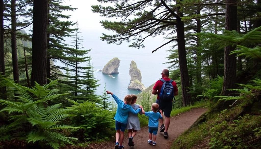 Family hiking on an easy trail in Samuel H. Boardman Scenic Corridor with ocean views
