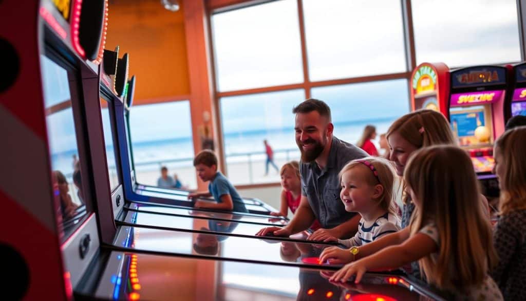 Family playing arcade games on the Seaside Promenade with beach in background