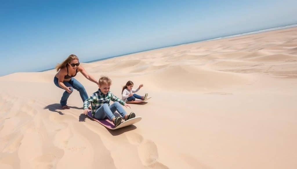 Family sandboarding on the Oregon Dunes near Florence with children sliding down sandy slopes