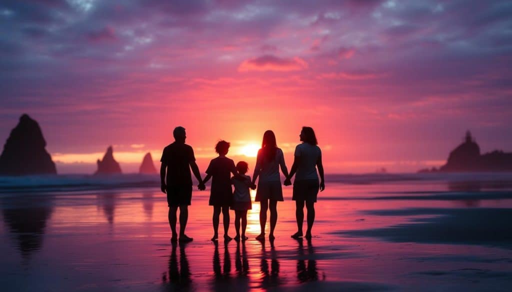 Family watching sunset on Oregon Coast beach with children silhouetted against colorful sky