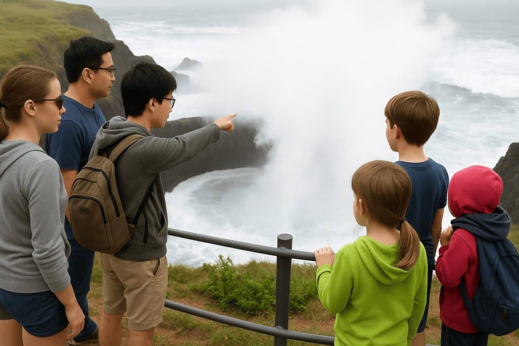 Family watching waves crash at Thor's Well at Cape Perpetua from safe viewing platform