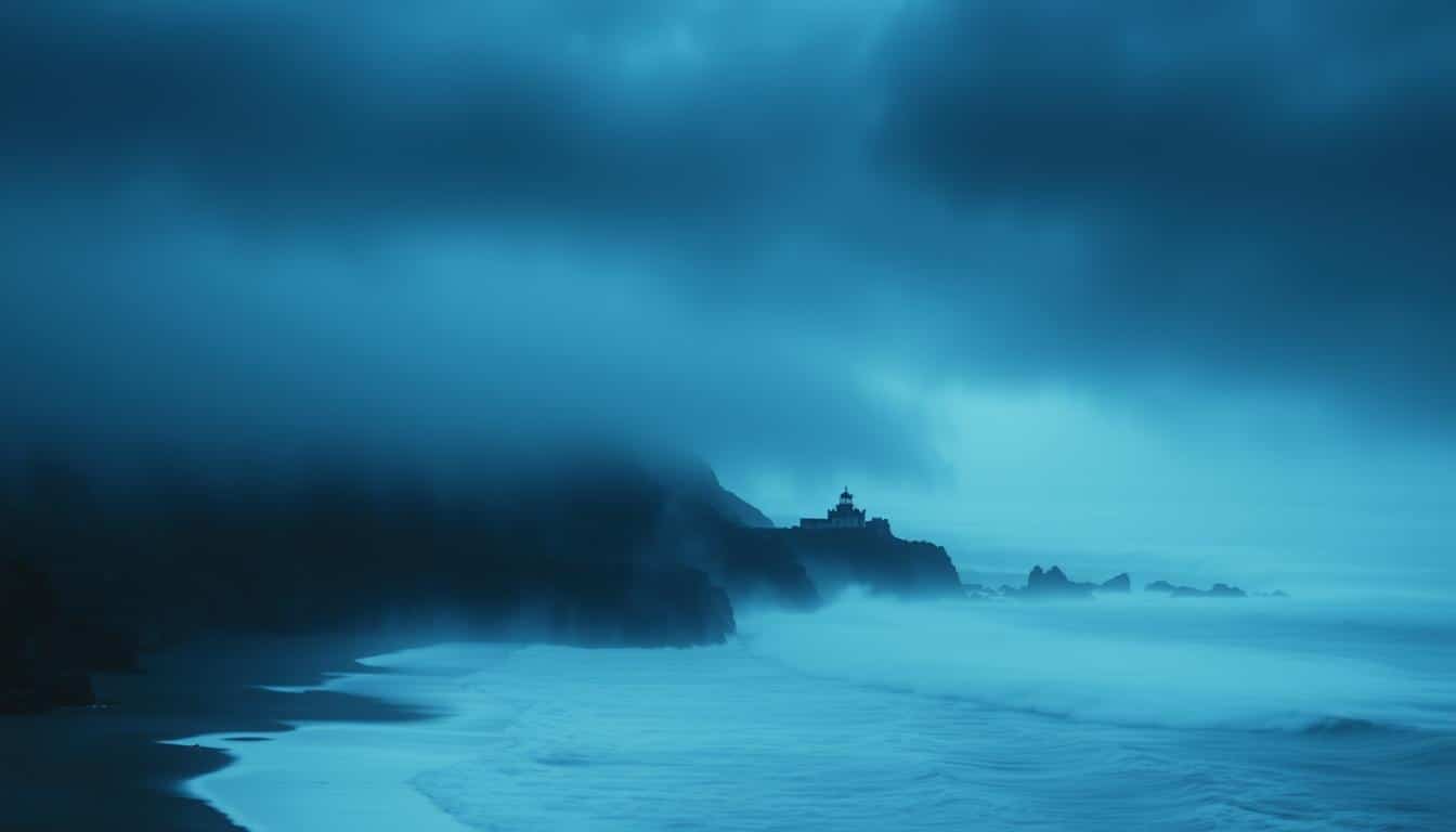 Foggy Oregon coastline with abandoned lighthouse silhouette against stormy sky at dusk - haunted Oregon Coast locations