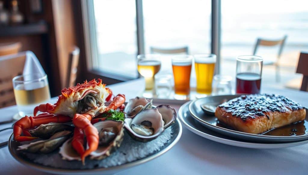 Fresh seafood platter with local Oregon craft beer at a Cannon Beach restaurant with ocean view