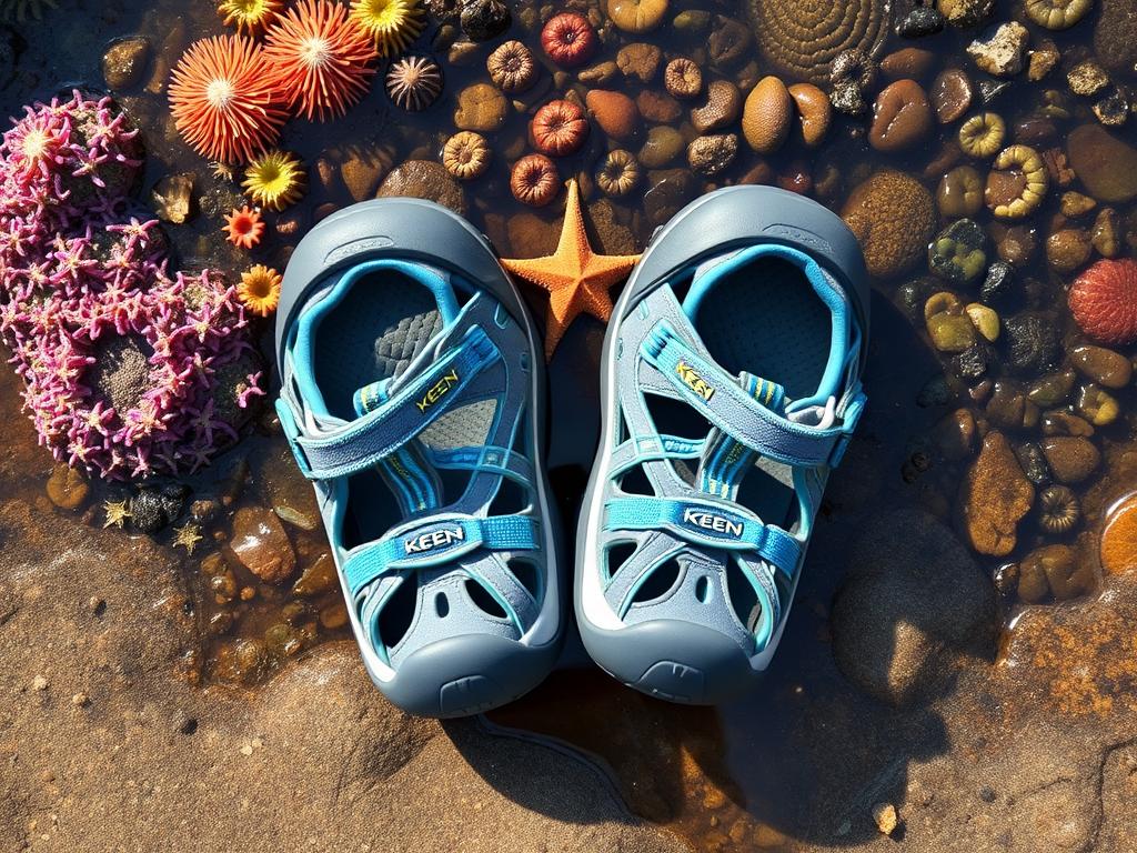KEEN Kids' Newport H2 water sandals shown near tide pools on Oregon Coast