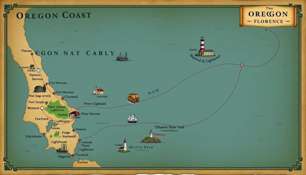 Map of Oregon Coast highlighting haunted locations from Astoria to Florence
