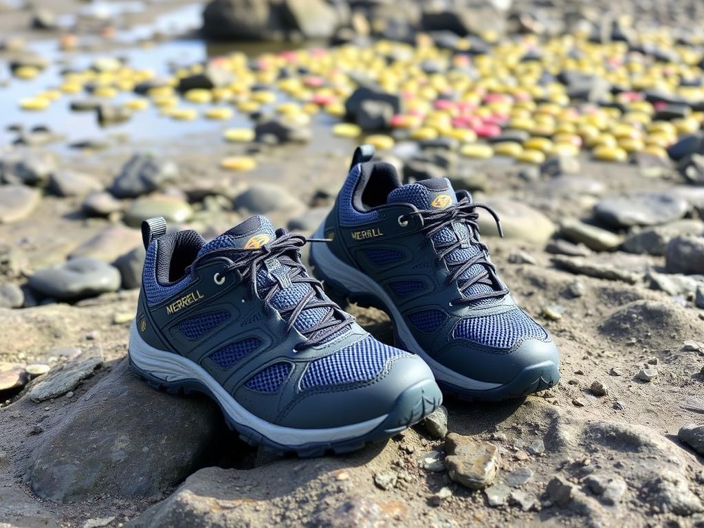 Merrell Kids' Trail Chaser hiking shoes shown on rocky Oregon Coast beach