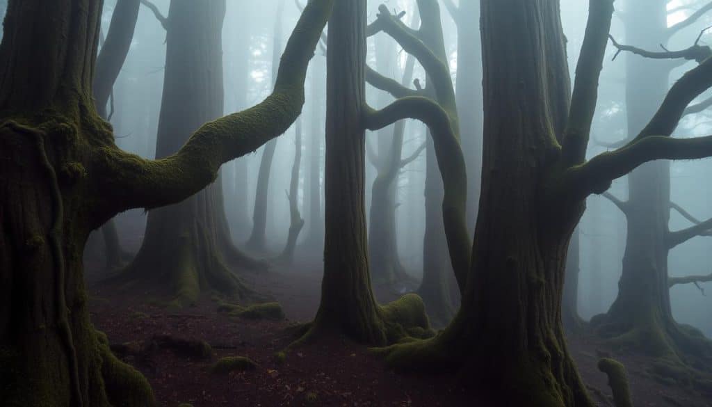 Misty coastal forest at Ecola State Park with ancient trees and Native American trail markers