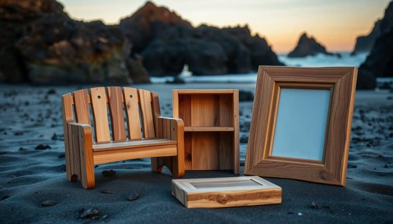Oregon Coast woodworking projects displayed on a beach at sunset