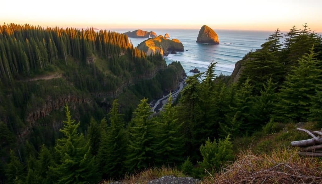 Panoramic view of the Oregon coastline from Ecola State Park with Haystack Rock visible in the distance