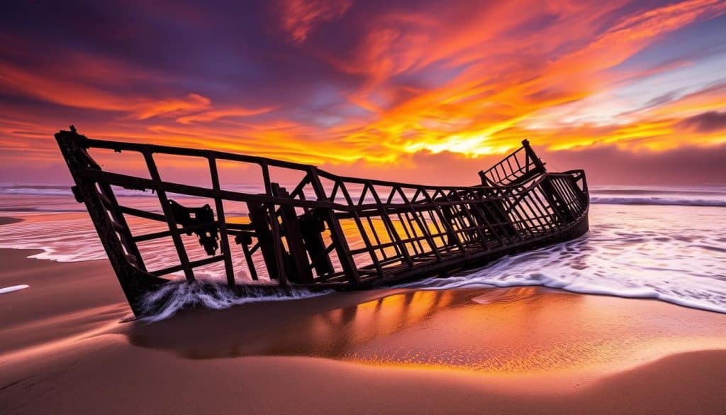 Rusted skeleton of Peter Iredale shipwreck at sunset with ghostly mist - haunted Oregon Coast location