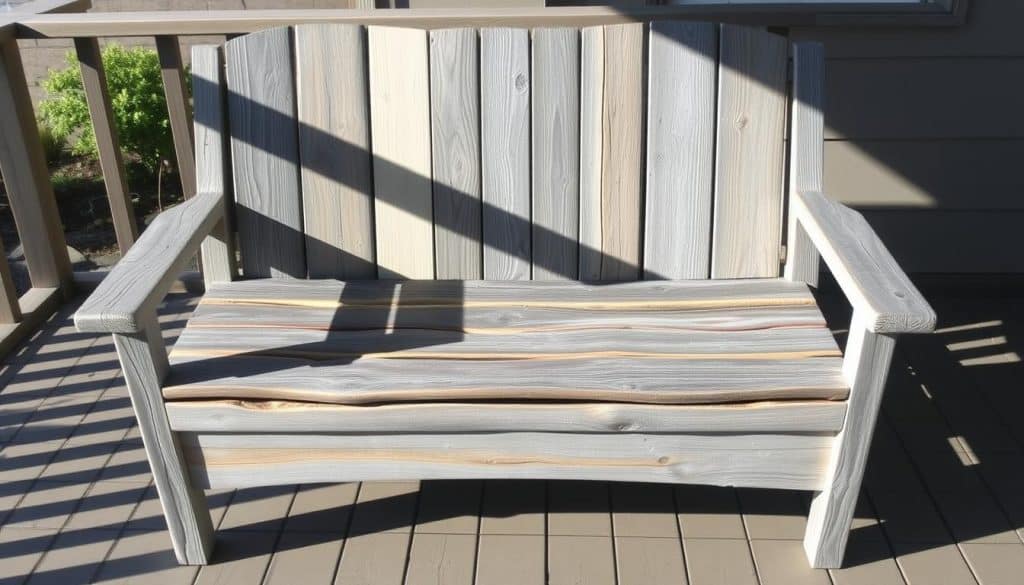 Rustic patio bench with driftwood-inspired finish