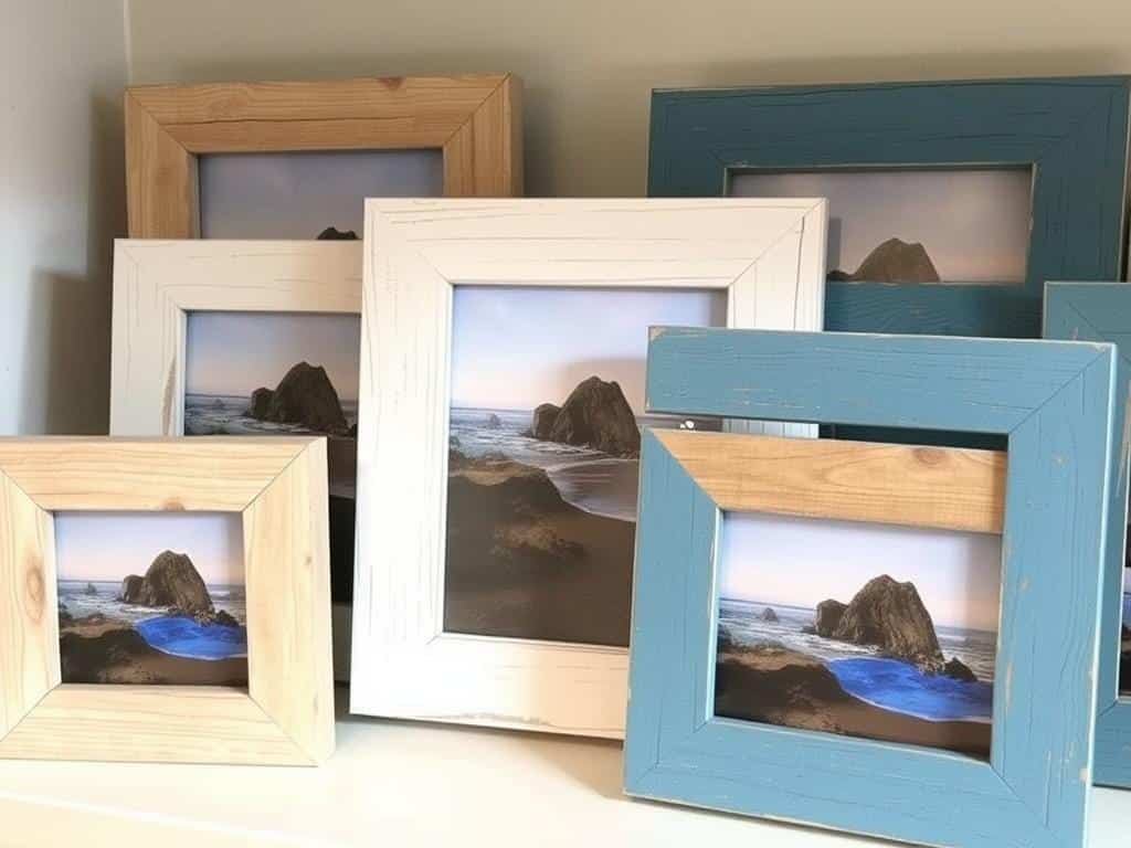 Set of handcrafted coastal picture frames with beach photos