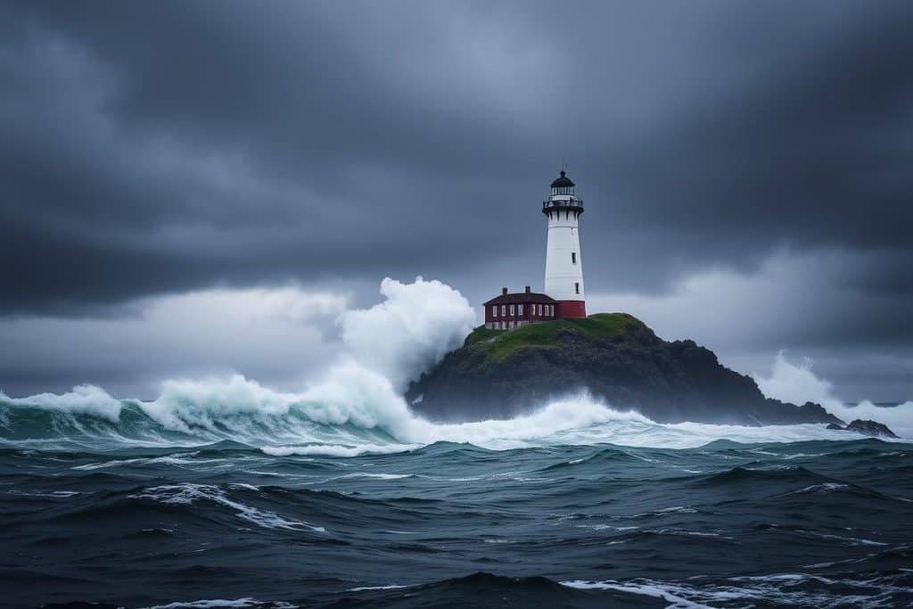 Tillamook Rock Lighthouse (Terrible Tilly) perched on isolated rock during storm - most haunted lighthouse on Oregon Coast