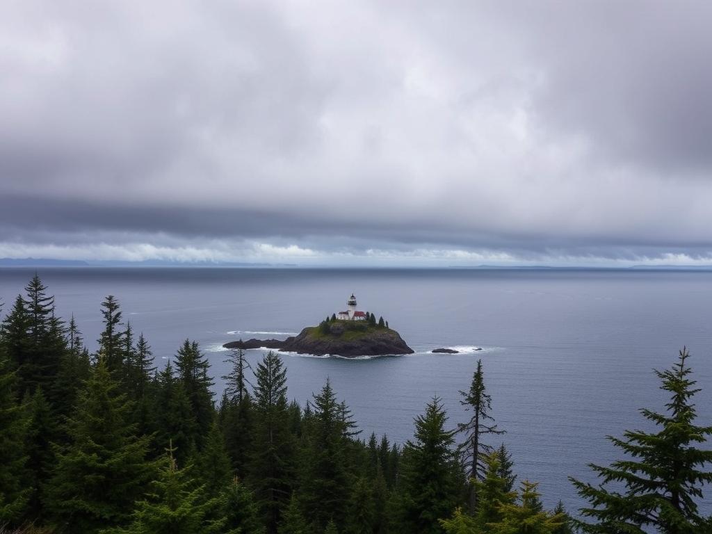 View of Terrible Tilly lighthouse from Ecola State Park viewpoint with storm approaching