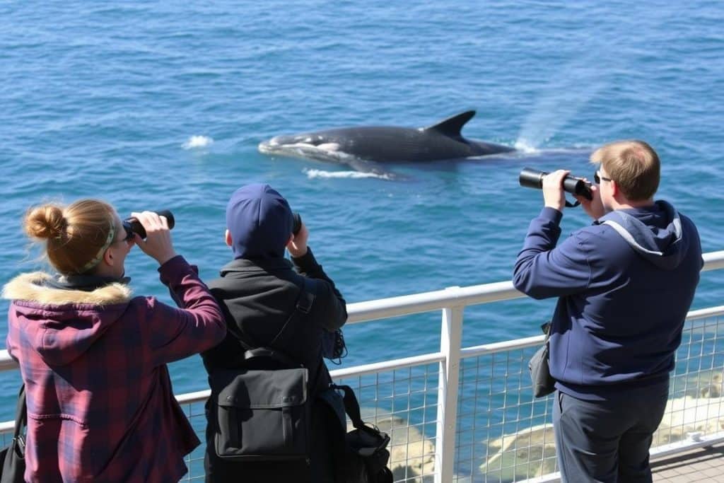 Visitors using binoculars to spot whales from shore during Oregon coast whale watching season