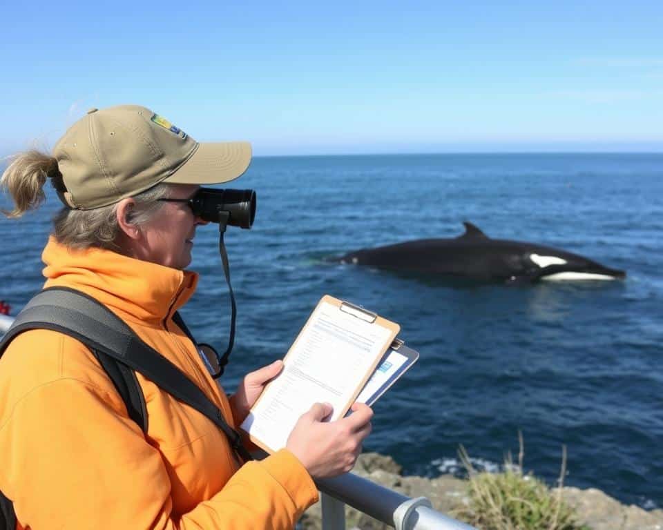 Volunteer recording whale sighting data during Oregon coast whale watching season