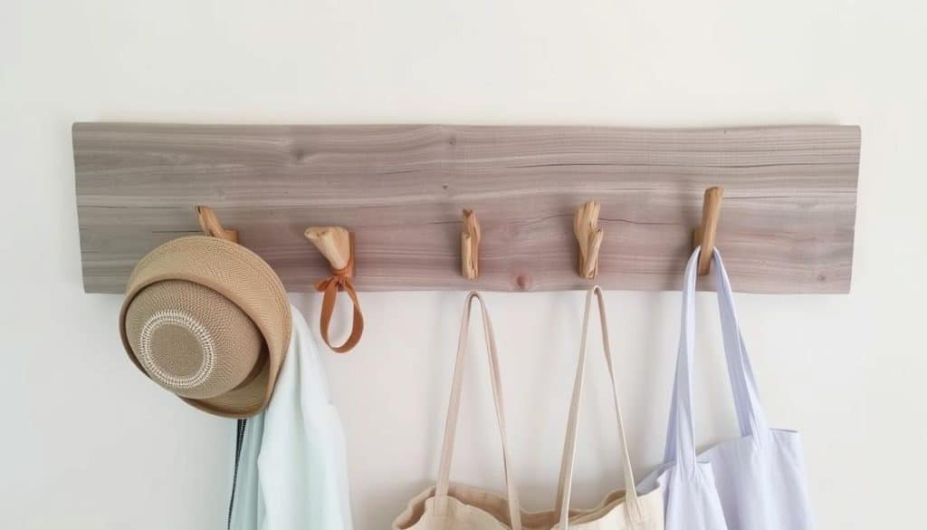 Wall-mounted coat rack with driftwood-style pegs