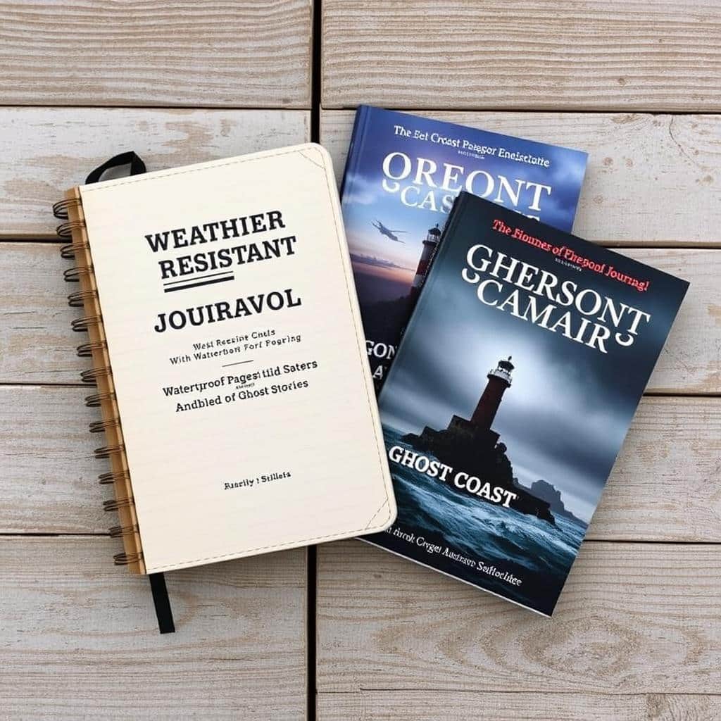 Weather-resistant journal and coastal ghost story books for Oregon Coast paranormal exploration