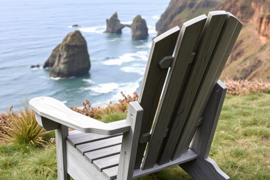 Weathered finish Adirondack chair overlooking Oregon coastline