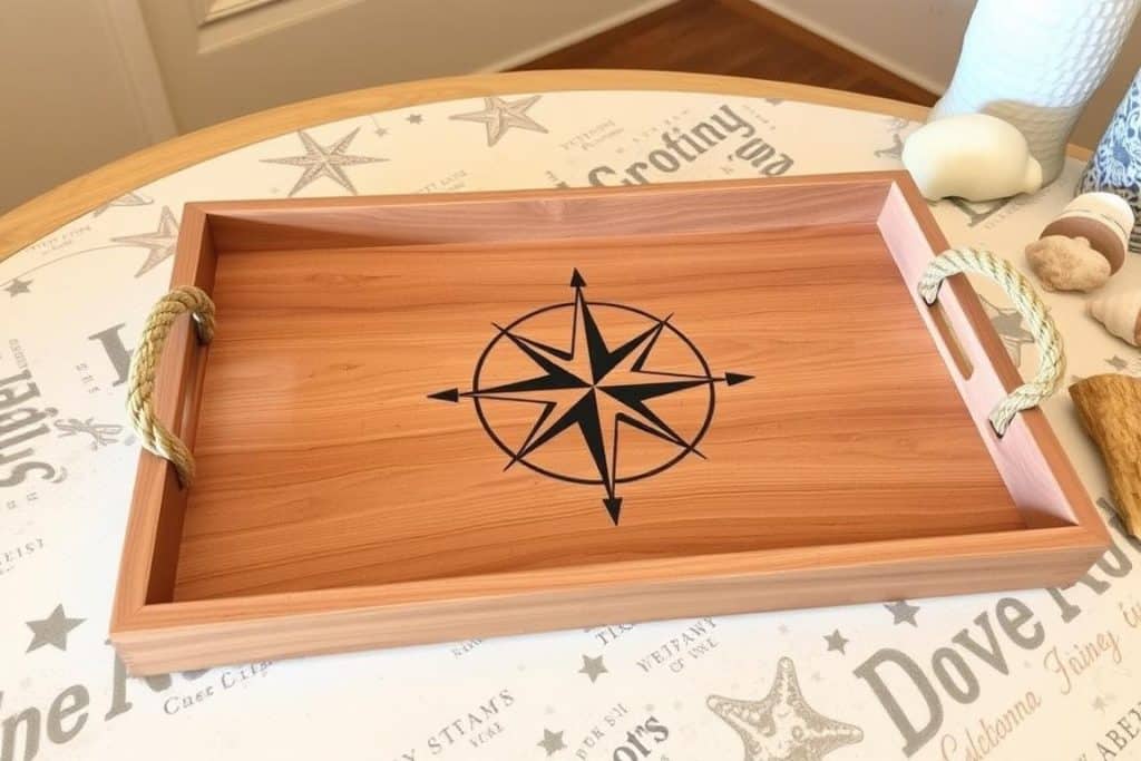 Wooden serving tray with nautical rope handles