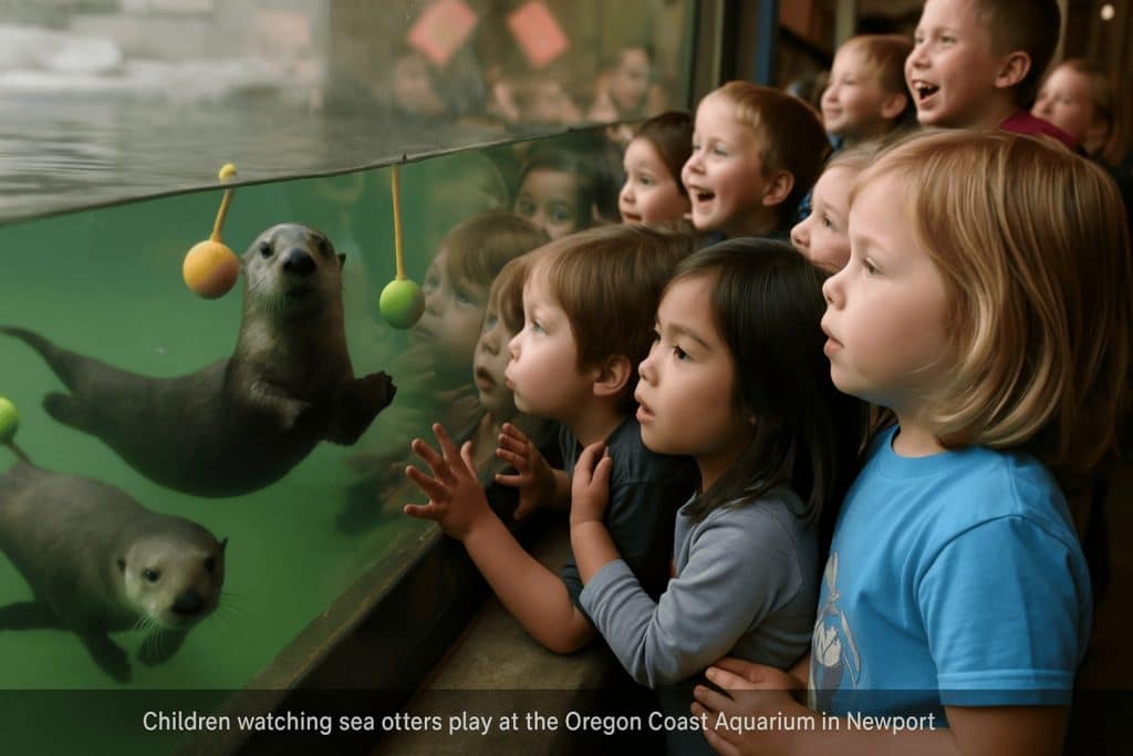 children watching sea otters at the Oregon Coast Aquarium in Newport