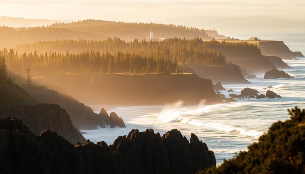 A breathtaking coastal landscape, the Oregon shore stands as a testament to the enduring resilience of nature. In the foreground, rugged cliffs and crashing waves create a captivating scene, their power and majesty underscoring the need for conservation. Lush, verdant forests stretch across the middle ground, their towering trees and diverse flora a symbol of the region's ecological richness. In the distance, the horizon is dotted with historic lighthouses and weathered bunkers, reminders of the coast's storied past. Warm, golden sunlight filters through the scene, casting a soft, ethereal glow and evoking a sense of timelessness. This image captures the essence of Oregon's coastal conservation efforts, highlighting the delicate balance between preserving the past and protecting the future.