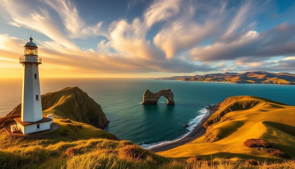 A breathtaking coastal vista of Tillamook, Oregon, bathed in warm, golden hues. In the foreground, the iconic Cape Meares Lighthouse stands tall, its white facade gleaming against the backdrop of the rugged, windswept cliffs. In the middle ground, the picturesque Three Arch Rocks National Wildlife Refuge emerges from the turquoise waters, their dramatic silhouettes framed by a dramatic sky filled with wispy, golden-tinged clouds. The rolling, verdant hills of the Oregon Coast Range stretch out in the distance, creating a serene and picturesque landscape that captures the essence of the Three Capes Scenic Route. The scene is captured with a wide-angle lens, accentuating the sweeping panoramic view and the majestic scale of the natural surroundings.