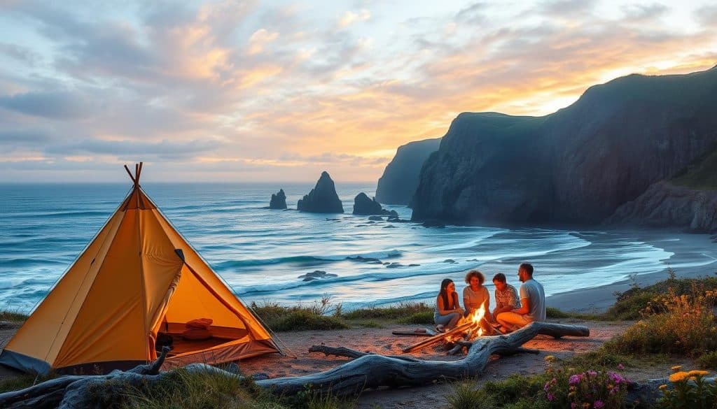A cozy family campsite nestled amidst the rugged beauty of the Oregon Coast. In the foreground, a sun-dappled tent stands tall, its fabric gently billowing in the ocean breeze. Nearby, a crackling campfire casts a warm glow, surrounded by weathered driftwood logs and vibrant wildflowers. In the middle ground, the family gathers, laughing and sharing stories, their faces aglow with the firelight. Beyond, the towering cliffs of the coastline rise majestically, their gray-green hues mirrored in the calm, azure waters of the Pacific. Overhead, a golden sunset paints the sky in a breathtaking display of color, casting a serene, nostalgic atmosphere over the entire scene.