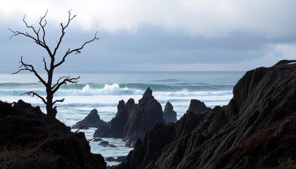 A dramatic winter landscape on the rugged Oregon coast. In the foreground, a lone tree stands silhouetted against the stormy sky, its bare branches reaching up like gnarled fingers. The middle ground is dominated by rocky cliffs, their jagged edges carved by the relentless pounding of the Pacific waves. The background is a moody seascape, with towering gray-blue swells crashing against the shore, their white caps reflecting the low, hazy sunlight. The overall scene conveys a sense of solitude and raw, weathered beauty, capturing the quiet allure of the Oregon coast in the wintertime.