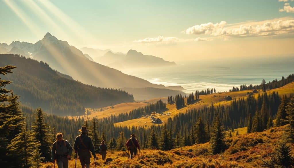 A majestic landscape unfolds, as the Lewis and Clark Expedition makes its way through the untamed wilderness of the Oregon coast. In the foreground, a group of explorers trekking through the dense, verdant forests, their faces etched with determination. Towering, snow-capped peaks rise in the distance, casting long shadows across the rugged terrain. Shafts of warm, golden light filter through the canopy, illuminating the scene with a sense of adventure and discovery. The middle ground is dotted with Native American settlements, their traditional dwellings nestled among the rolling hills. In the background, the vast expanse of the Pacific Ocean stretches out, its crashing waves a constant reminder of the expedition's journey. This image captures the essence of the Lewis and Clark Expedition's impact on the Oregon coast, a pivotal moment in the exploration and settlement of the American West.