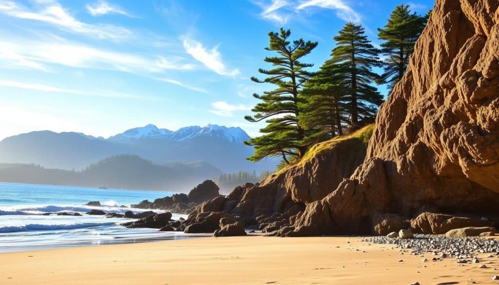 A picturesque coastal scene of Harris Beach State Park, Oregon. In the foreground, a pristine sandy beach stretches out, with gently lapping waves and smooth pebbles. Towering, rugged cliffs line the shoreline, their textured surfaces casting dramatic shadows. In the middle ground, lush, verdant pine trees sway in the coastal breeze, their branches reaching towards the clear, azure sky. The background is dominated by the majestic, snow-capped peaks of the Klamath Mountains, their jagged silhouettes mirrored in the calm, reflective waters. Warm, golden sunlight filters through wispy clouds, creating a serene and inviting atmosphere, perfect for a peaceful camping retreat.