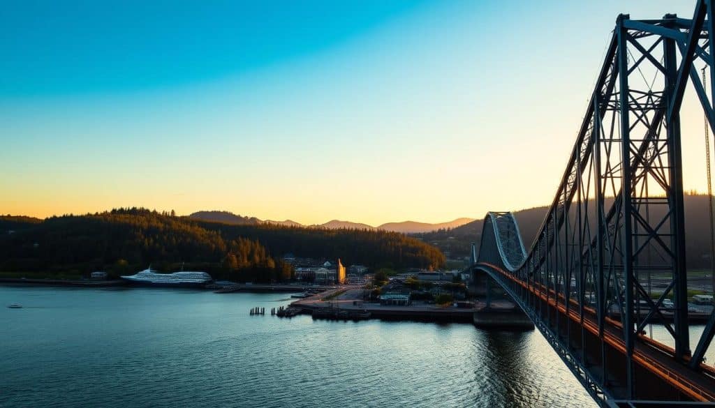 A picturesque coastal town nestled along the Columbia River, Astoria, Oregon is captured in a stunning landscape. In the foreground, the iconic Astoria-Megler Bridge arches gracefully over the water, its steel structure reflecting the soft, golden light of the setting sun. In the middle ground, the historic Astoria Riverwalk winds its way along the riverfront, lined with charming shops and cafes. Beyond, the lush, forested hills rise up, their verdant hues contrasting with the deep blue of the sky. A sense of serene tranquility pervades the scene, inviting the viewer to immerse themselves in the peaceful, coastal ambiance of this quintessential Oregon destination.