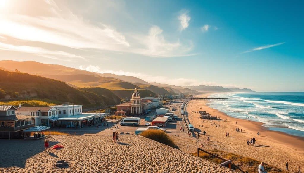 A picturesque coastal town nestled along the rugged cliffs of the Oregon shore, Seaside is a serene family vacation paradise. In the foreground, a sun-dappled beach dotted with children building sandcastles and couples strolling hand-in-hand. The middle ground features a bustling boardwalk lined with charming seaside shops, restaurants, and arcades. In the background, the iconic Seaside Promenade stretches along the shoreline, framed by rolling green hills and the majestic Pacific Ocean. Warm, golden sunlight filters through wispy clouds, casting a tranquil, nostalgic glow over the scene. A classic Americana vibe permeates the air, inviting visitors to relax, unwind, and create cherished family memories.