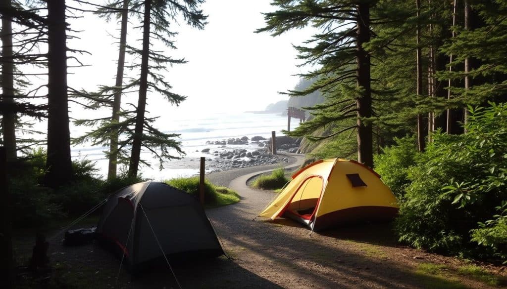 A picturesque scene of the Fort Stevens State Park campground, nestled along the rugged Oregon coastline. In the foreground, a cozy tent sits amidst lush greenery, surrounded by towering Sitka spruce trees that filter the soft, diffused sunlight. In the middle ground, a winding gravel path leads visitors towards the nearby beach, where gentle waves crash against the rocky shoreline. The background showcases the iconic wreckage of the Peter Iredale shipwreck, a beloved landmark that adds to the park's rich history and natural beauty. The overall atmosphere evokes a sense of tranquility and adventure, perfectly capturing the essence of a quintessential Oregon coast camping experience.