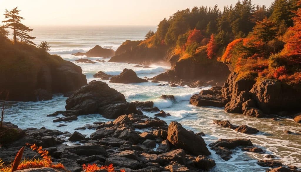 A picturesque scene of the Oregon coast in fall, captured under a warm, golden light. In the foreground, a rocky shoreline is adorned with vibrant hues of rust, ochre, and amber, contrasting with the foaming waves crashing against the weathered cliffs. The middle ground showcases a lush, forested hillside, its trees draped in a tapestry of crimson, orange, and yellow leaves, gently swaying in the gentle breeze. In the distance, the horizon is painted with a soft, hazy glow, hinting at the vast, serene Pacific Ocean beyond. The overall mood is one of tranquility and the natural beauty of the "secret season" on the Oregon coast.