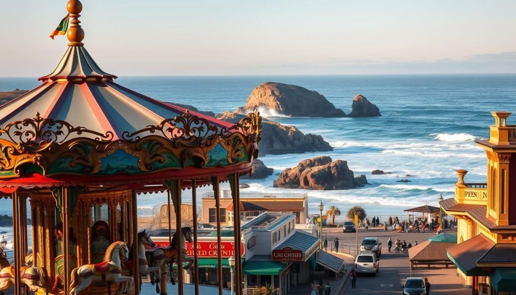 A picturesque seaside town with unique local attractions. In the foreground, a colorful carousel, its wooden horses and intricate details illuminated by warm, golden sunlight. In the middle ground, a historic oceanfront promenade lined with charming shops and bustling cafes. In the background, the majestic Pacific Ocean meets the rugged coastline, with dramatic rocky cliffs and crashing waves. The scene is infused with a sense of nostalgia and coastal whimsy, capturing the timeless allure of this magical seaside destination.