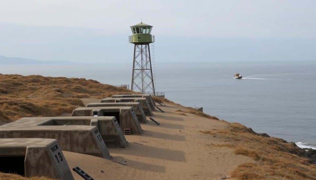 A rugged coastal landscape, Fort Stevens in Oregon stands resolute during the World War II era. In the foreground, weathered bunkers and gun emplacements dot the sandy shores, their concrete forms casting long shadows under the overcast sky. In the middle ground, a towering observation tower commands a sweeping view of the Pacific, its windows glinting in the muted daylight. Beyond, the serene waters of the Columbia River estuary stretch towards the horizon, occasionally disturbed by the wake of a passing patrol boat. The scene exudes a palpable sense of vigilance and preparedness, a testament to the strategic importance of this fortified outpost during a tumultuous time in history.