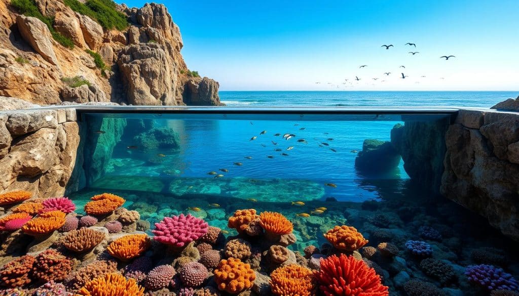 A seaside aquarium nestled against a backdrop of rocky cliffs, with the sun's warm rays filtering through the clear waters. In the foreground, vibrant coral reefs teeming with colorful marine life, their intricate patterns dancing with the gentle sway of the current. The middle ground features a wide panoramic window, offering a mesmerizing view of schools of tropical fish gliding effortlessly through the azure depths. Beyond, the horizon is dotted with the silhouettes of seabirds soaring against a crisp, azure sky. The scene exudes a sense of tranquility and wonder, inviting visitors to immerse themselves in the captivating world beneath the waves.