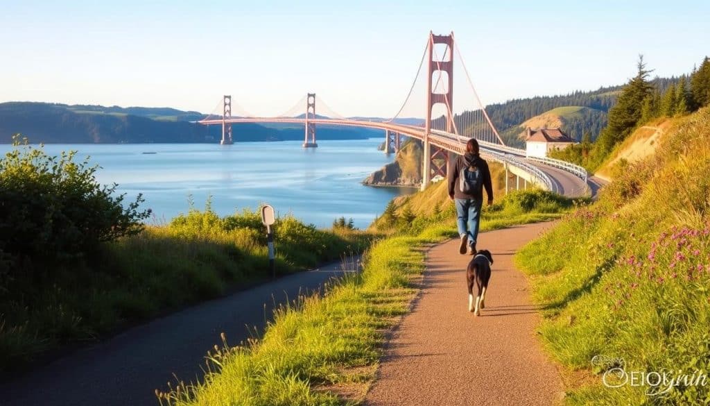 A serene river walk in Astoria, Oregon, with a well-behaved dog strolling alongside its owner. The foreground features the winding path, lined with lush greenery and dotted with colorful wildflowers. In the middle ground, the iconic Astoria-Megler Bridge stands tall, its graceful arches reflected in the calm waters of the Columbia River. The background showcases the rugged cliffs and forested hills that characterize the scenic Oregon Coast, bathed in warm, golden afternoon light. The overall mood is one of peaceful exploration, inviting visitors to immerse themselves in the natural beauty and historic charm of this dog-friendly destination.